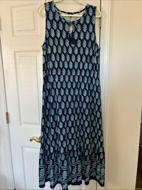 Talbots Navy Maxi Dress with Light Blue Leaf Print & Tassel Detail, sz XLP, NWT